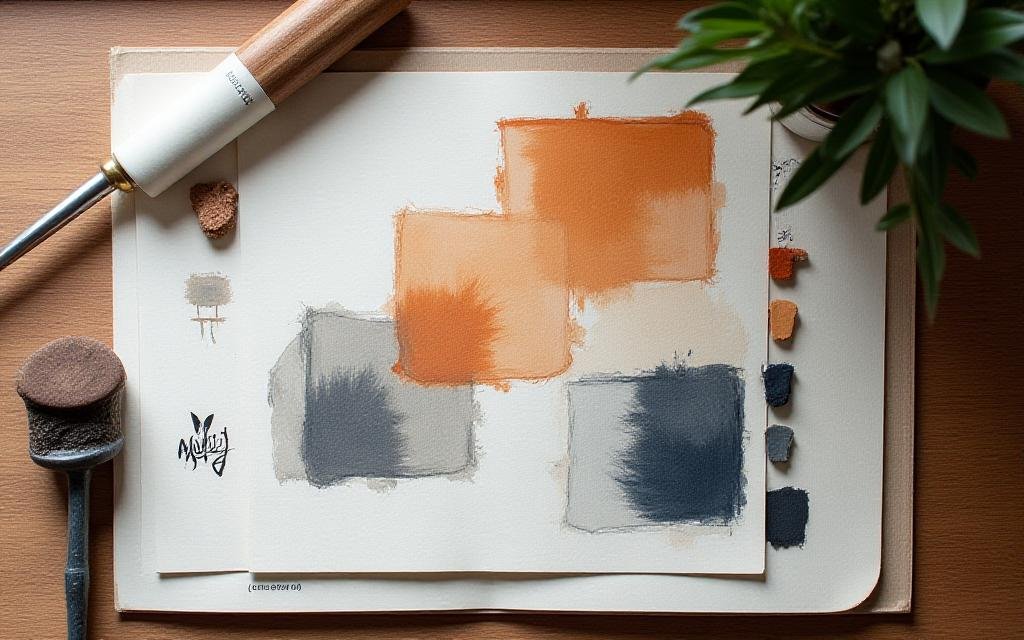 A collection of moodboard elements showing various handwritten logos and ink textures