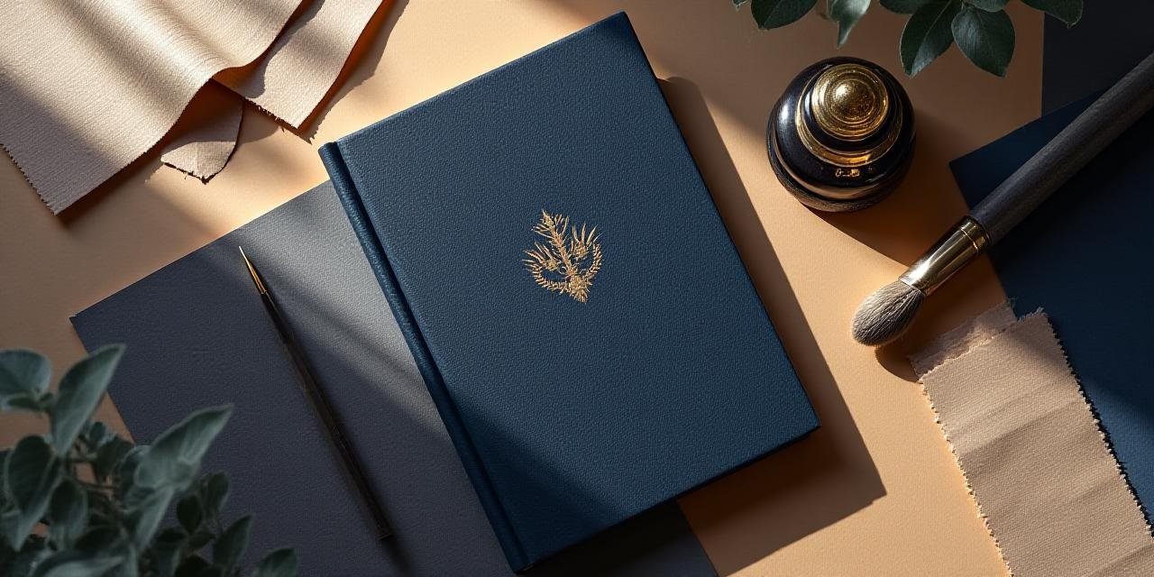 Artistic flatlay of brand guide, textures, and calligraphy tools